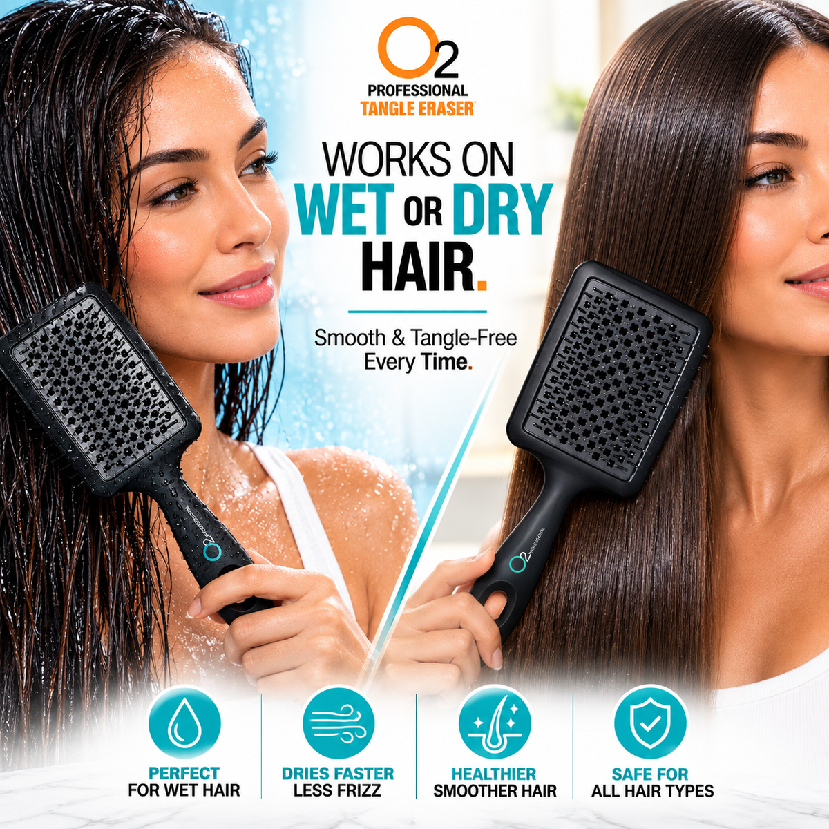 Side-by-side photos of women brushing wet dark hair and dry straight brown hair with black-and-gray O2 Tangle Eraser brushes.
