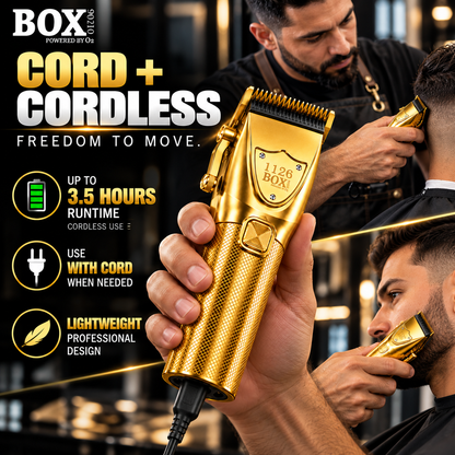 Hand holding a gold BOX90210 1126 clipper with its cord connected, beside panels showing a barber cutting hair and a man trimming his beard.