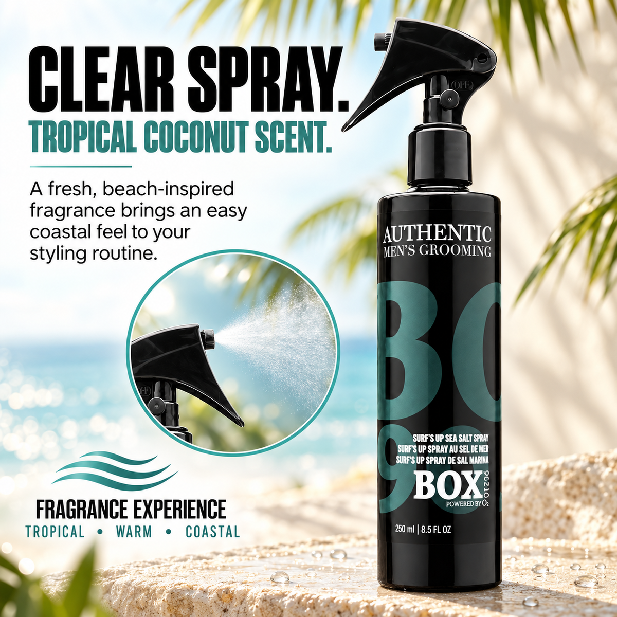 BOX90210 Surf’s Up Sea Salt Spray bottle on a stone ledge with a tropical beach backdrop, a spray-nozzle close-up and tropical coconut scent callout.