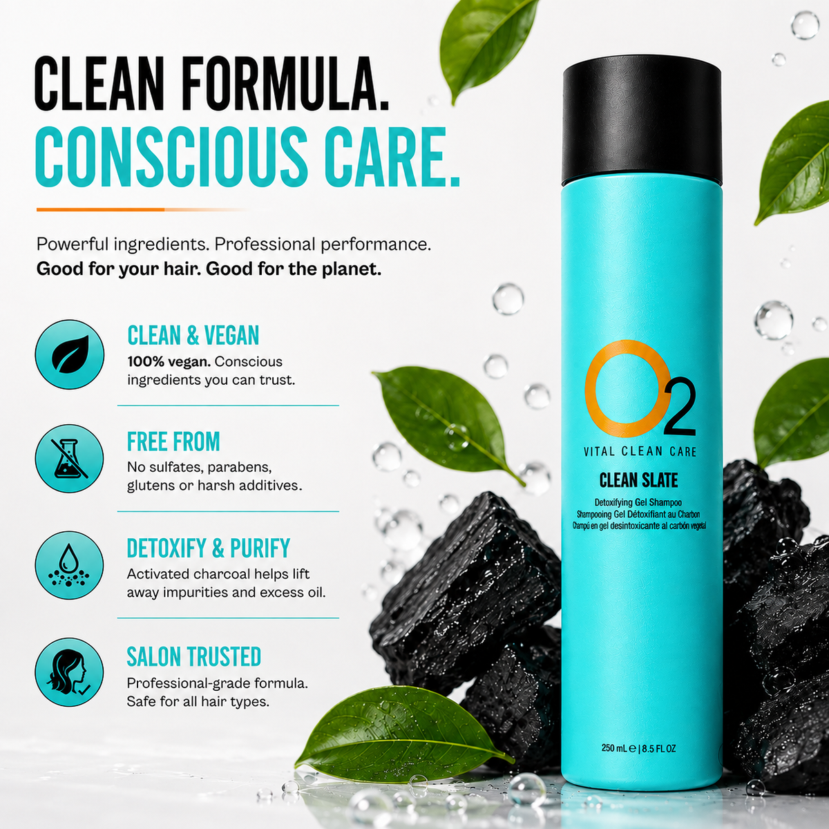 O2 CLEAN SLATE shampoo with charcoal and green leaves beside a graphic highlighting its vegan formula and ingredient exclusions.
