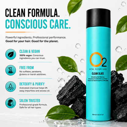 O2 CLEAN SLATE shampoo with charcoal and green leaves beside a graphic highlighting its vegan formula and ingredient exclusions.
