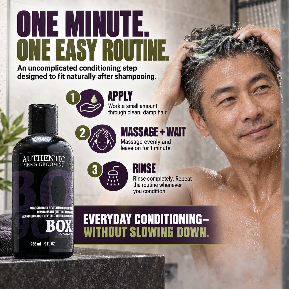 Man massaging conditioner through his hair in the shower beside a BOX90210 Classic Daily Revitalizing Conditioner bottle and apply, massage-and-wait, and rinse steps.
