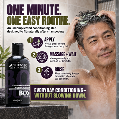 Man massaging conditioner through his hair in the shower beside a BOX90210 Classic Daily Revitalizing Conditioner bottle and apply, massage-and-wait, and rinse steps.