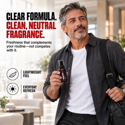 Gray-haired man holding MANACURE360 Deodorizing Toning Spray and carrying a black shoulder bag, with clear-formula, neutral-fragrance, lightweight-feel and everyday-refresh callouts.