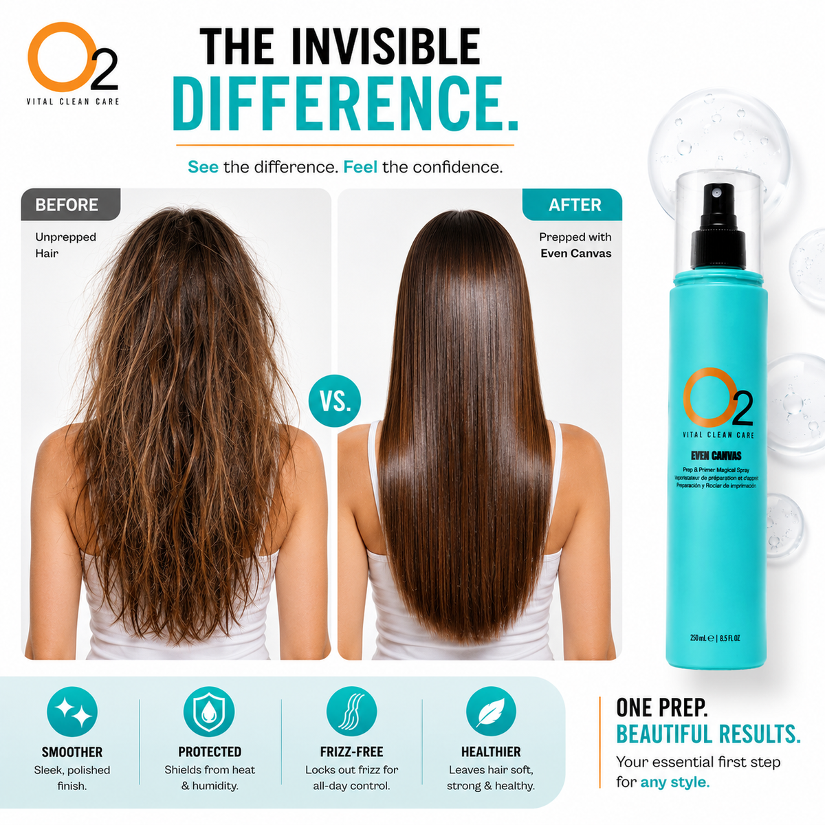 O2 EVEN CANVAS spray beside a before-and-after graphic comparing frizzy brown hair with smooth, straight, shiny hair.
