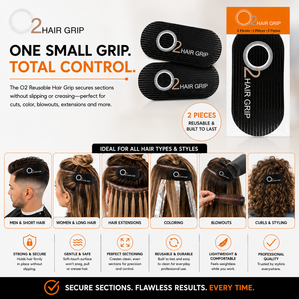 O2 Hair Grip package beside two black grips, above six photos showing use on short hair, long hair, extensions, color, blowouts, and curls.