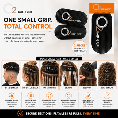 O2 Hair Grip package beside two black grips, above six photos showing use on short hair, long hair, extensions, color, blowouts, and curls.