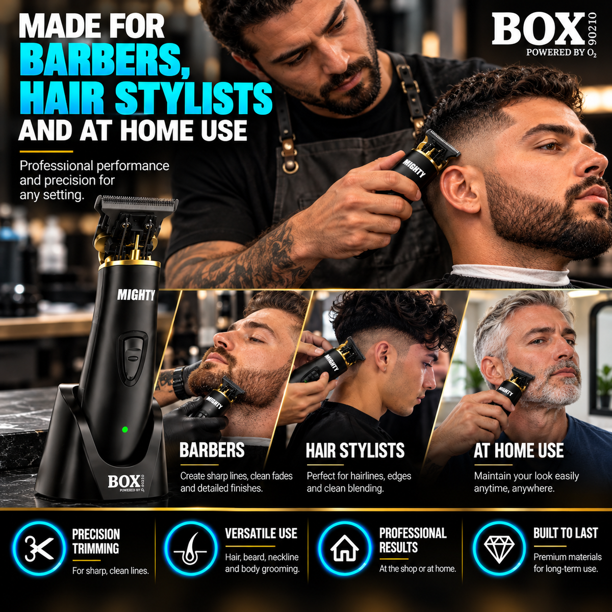 Barber using a BOX90210 MIGHTY trimmer above a client's ear, with additional panels showing beard trimming, hairstyling and home use.