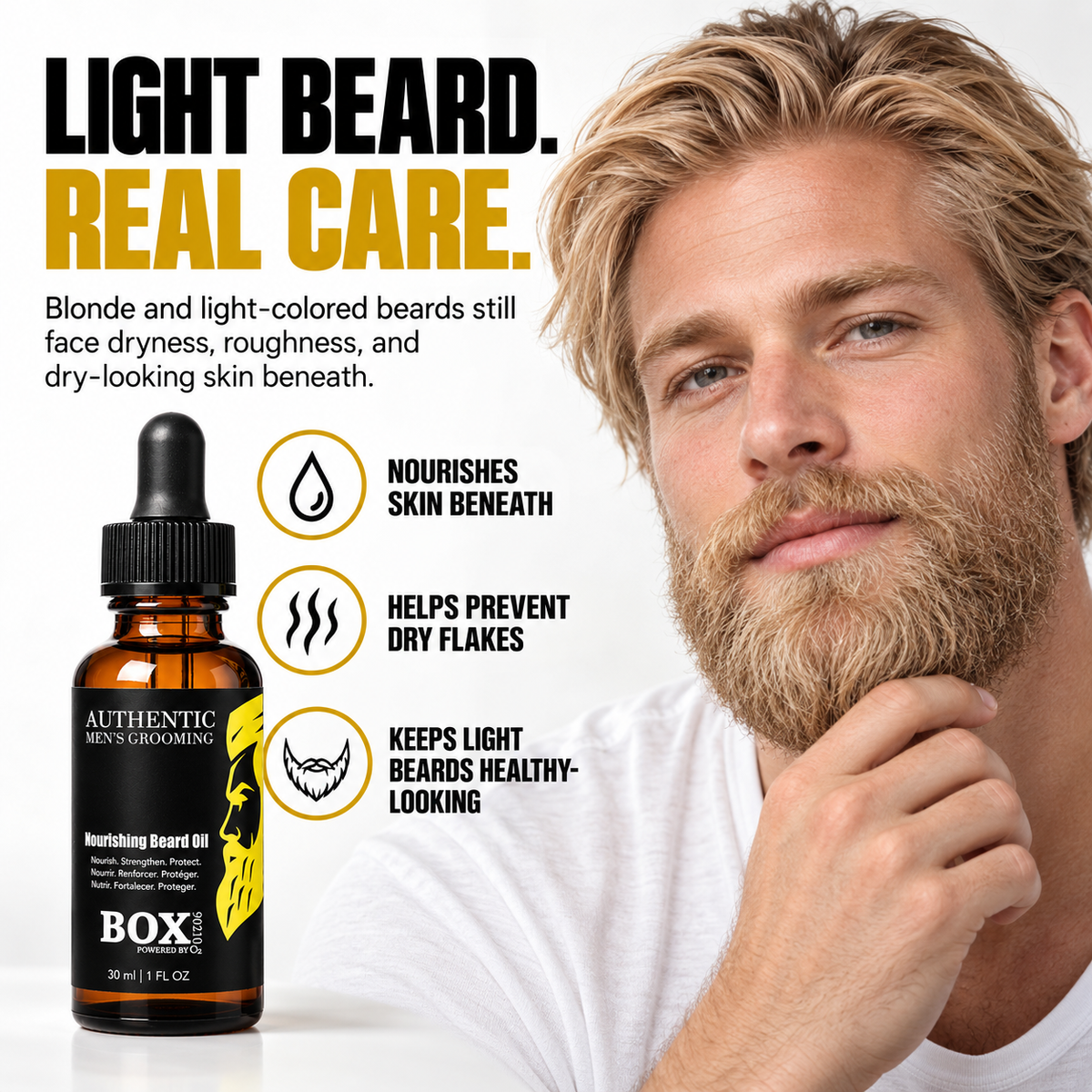 Blond man touching his light-colored beard beside a BOX90210 Nourishing Beard Oil bottle, with skin-nourishment, dry-flake prevention and healthy-looking beard callouts.
