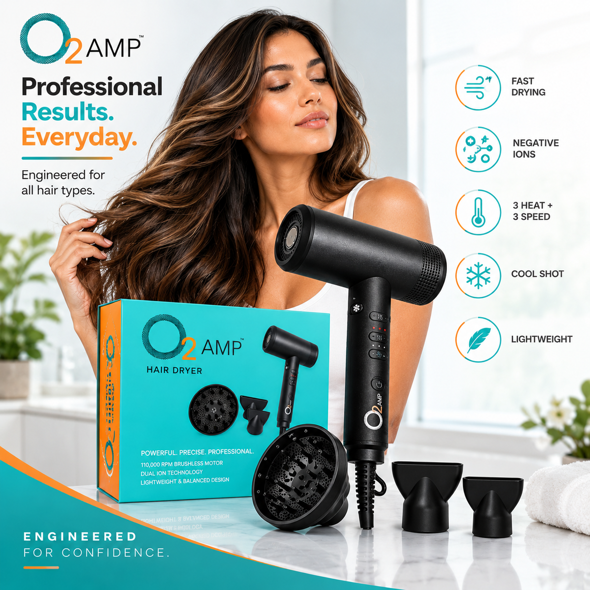O2AMP hair dryer, turquoise box, diffuser and two nozzles on a counter, with a woman with long, wavy hair behind them.