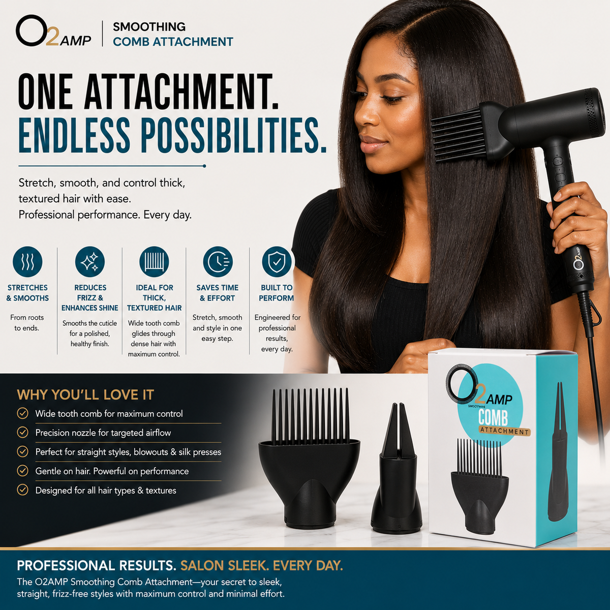 Woman using an O2AMP dryer with a smoothing comb above a display of the comb, precision nozzle, and white-and-turquoise box.