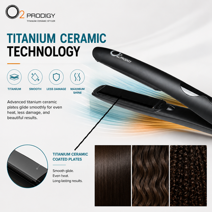 “O2PRODIGY styler with a close-up of its titanium ceramic coated plates and examples of straight, wavy and curly hair.”
