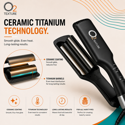 O2TEXTURE Double Waver shown open with a close-up graphic highlighting its ceramic coating and titanium barrels.