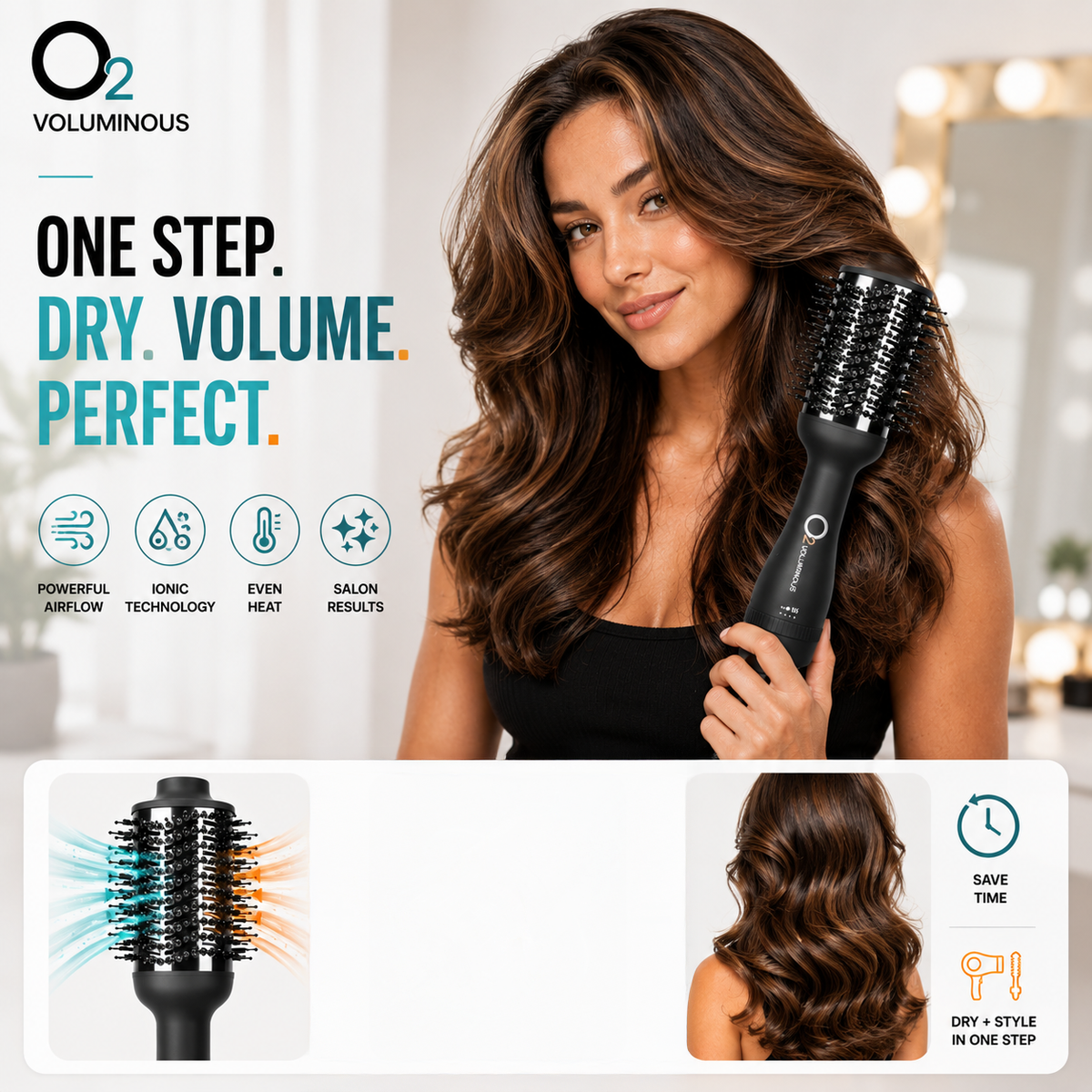 Woman with voluminous brown hair holding O2VOLUMINOUS dryer brush, with airflow illustration and a styled-hair inset below.