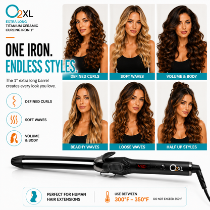 O2XL 1-inch curling iron with six hairstyle examples showing defined curls, soft and beachy waves, volume and half-up styles.