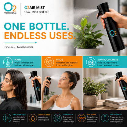 O2AIR mist bottle spraying a potted plant, above three photos demonstrating misting hair, a woman's face, and surroundings.