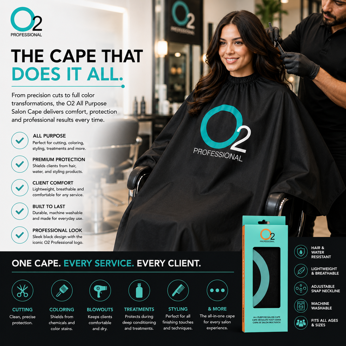 Woman wearing a black O2 salon cape while a stylist combs her hair, beside the turquoise retail box and salon service icons.