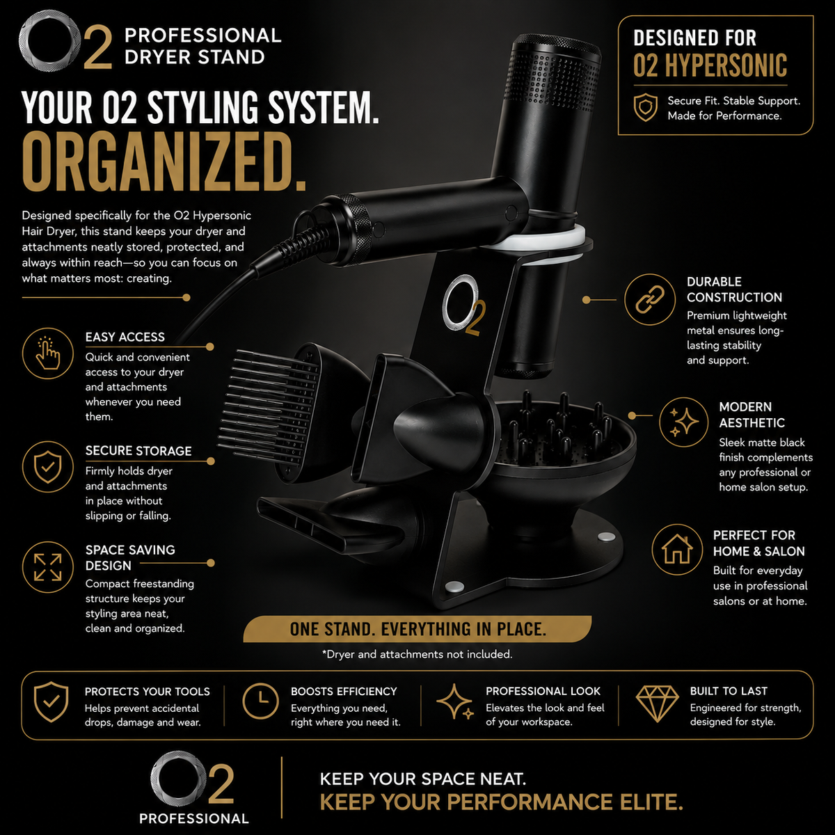 O2 stand with a Hypersonic dryer, comb, nozzles, and diffuser on a black-and-gold feature graphic; dryer and attachments not included.