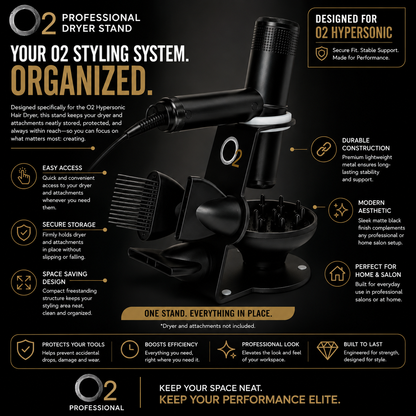 O2 stand with a Hypersonic dryer, comb, nozzles, and diffuser on a black-and-gold feature graphic; dryer and attachments not included.