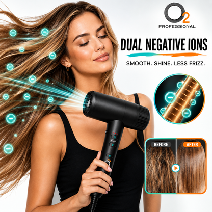 Woman with long blonde hair holding O2 Hypersonic Hair Dryer; dual negative ion graphic and before-and-after hair inset.
