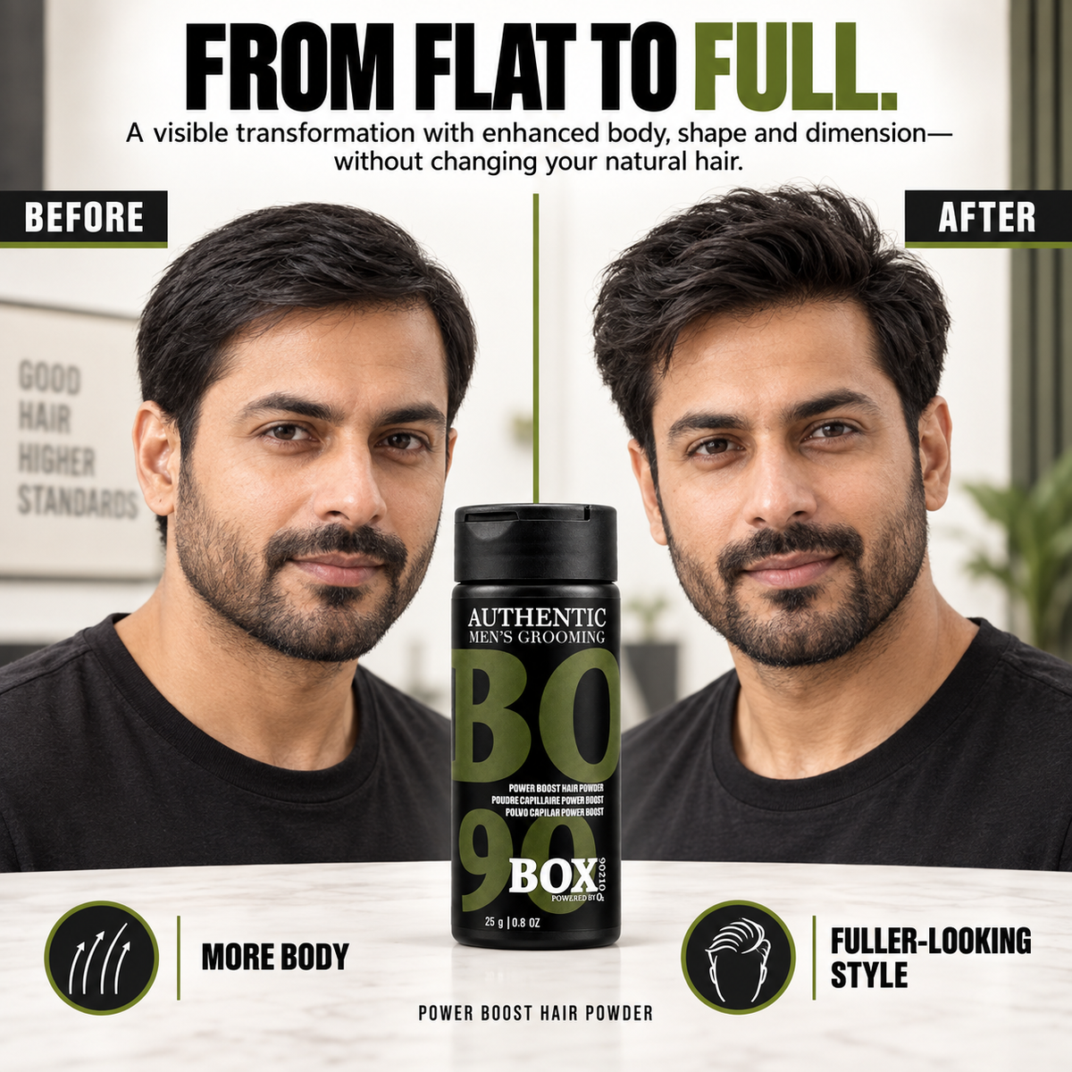 BOX90210 Power Boost Hair Powder bottle between before-and-after portraits of a man with flat, side-parted hair on the left and fuller, lifted hair on the right.