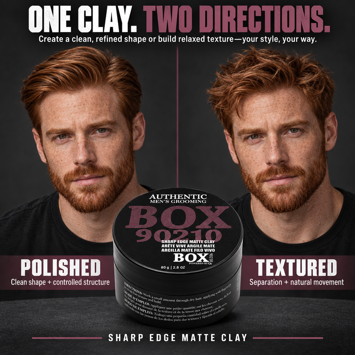 BOX90210 Sharp Edge Matte Clay jar between two portraits of a red-haired man, showing a smooth side-parted style labeled polished and a tousled style labeled textured.