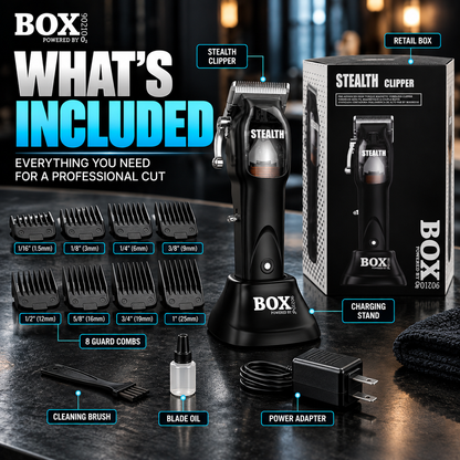 BOX90210 STEALTH clipper kit with charging stand, eight guard combs, cleaning brush, blade oil, power adapter and retail box.