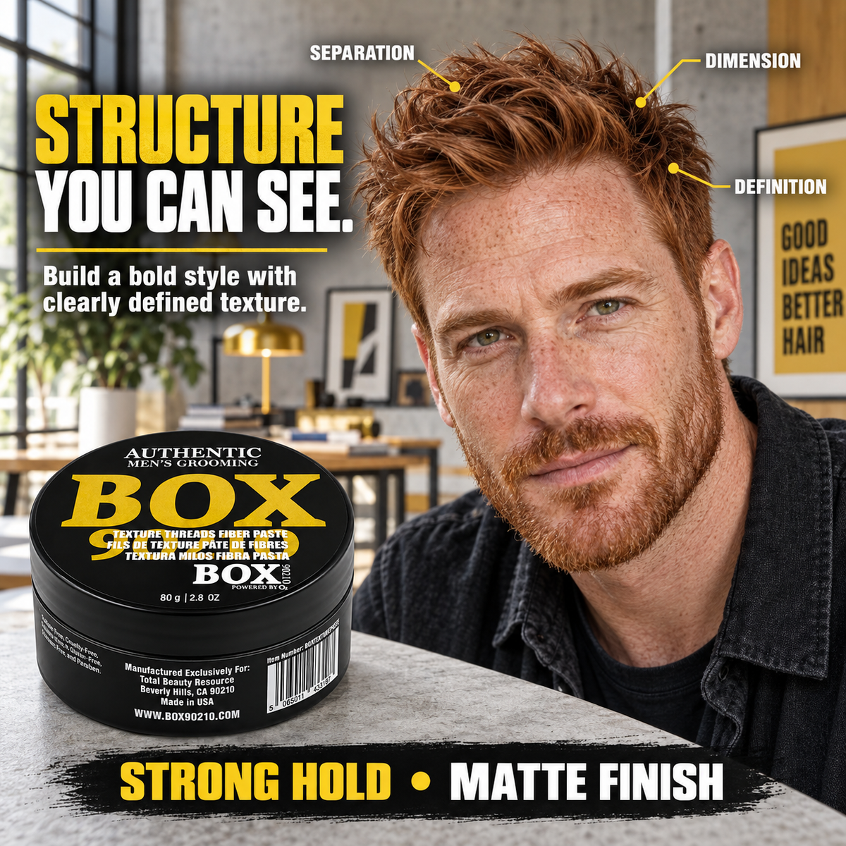 Red-haired man with a textured hairstyle beside a BOX90210 Texture Threads Fiber Paste jar, with pointers labeled separation, dimension and definition.