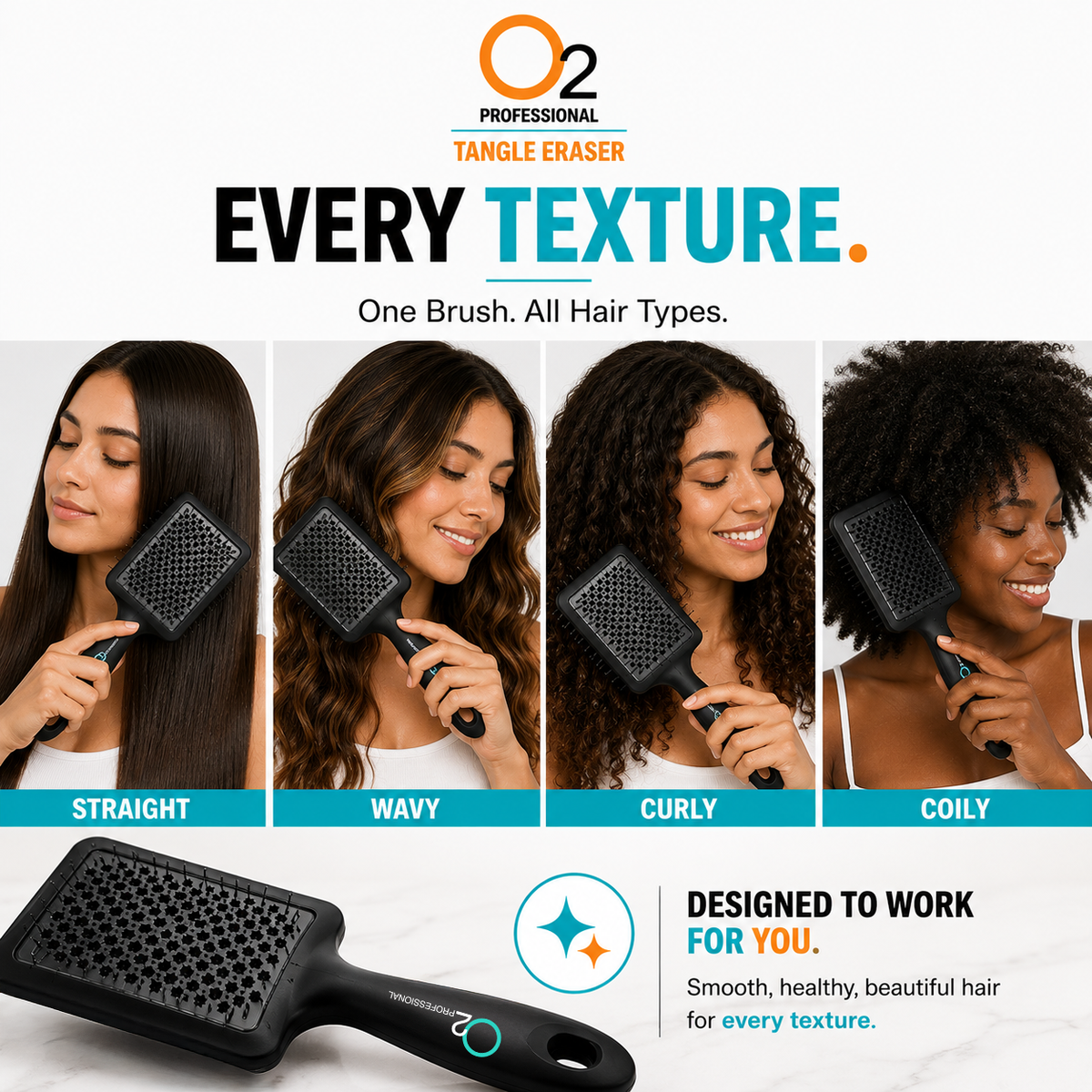 Four women using O2 Tangle Eraser brushes on straight, wavy, curly, and coily hair, with a black brush shown below.