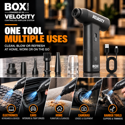 BOX90210 VELOCITY with nozzle attachments, a brush and USB charging cable above examples of electronics, car and tool cleaning.