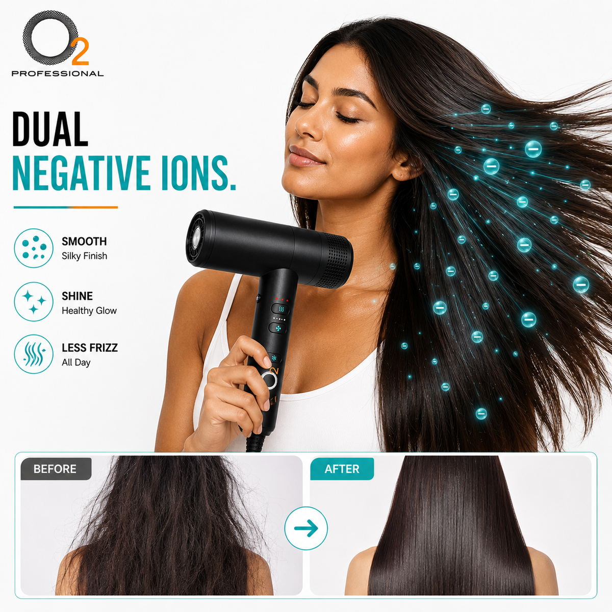 A woman holds a black O2 Professional hair dryer while showcasing long, shiny, and frizz-free dark hair with floating negative ion graphics. The left side features marketing text for 'Dual Negative Ions' with icons for silky finish, healthy glow, and less frizz.