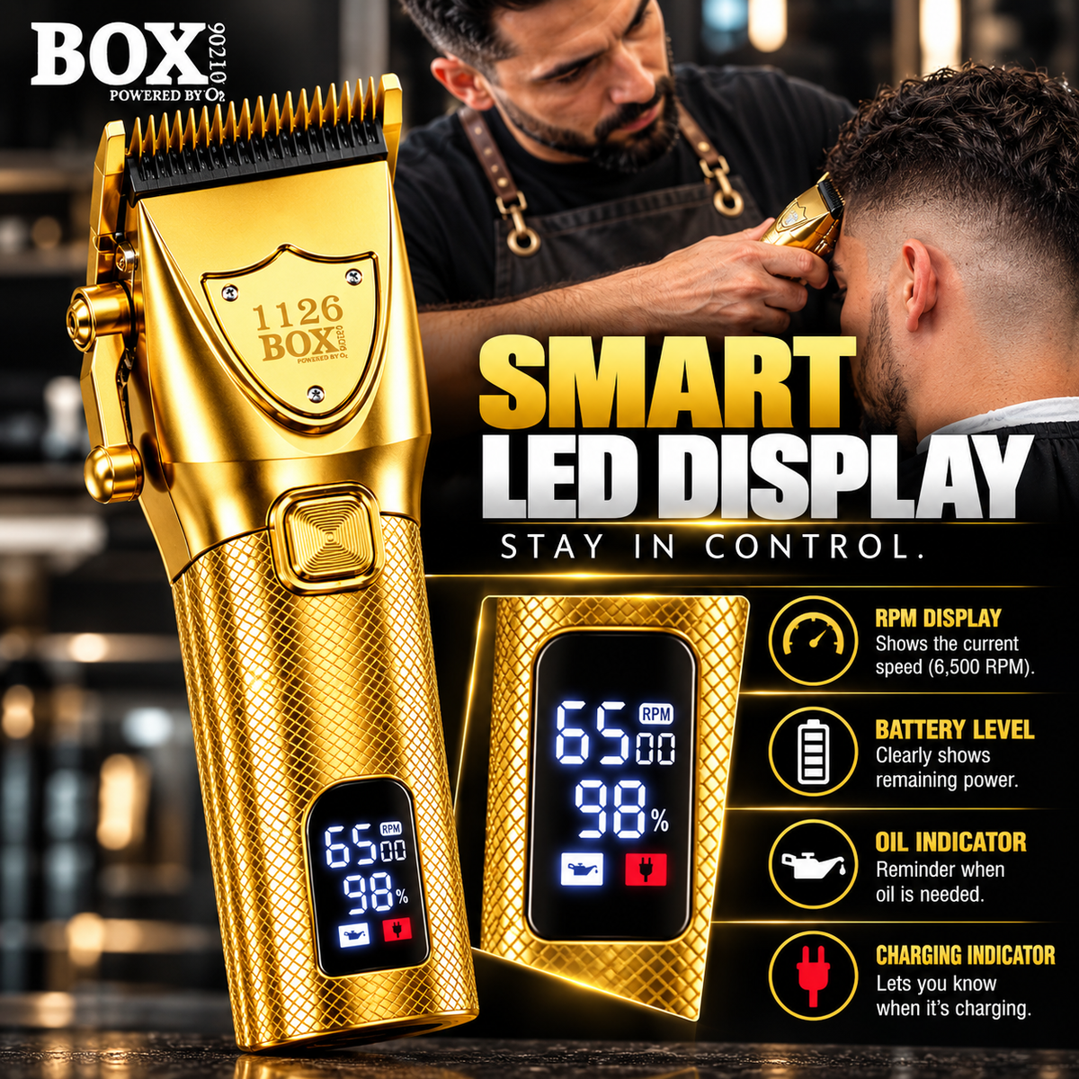 Gold BOX90210 1126 clipper with an enlarged LED display showing speed, battery level, oil and charging indicators beside a barber scene.