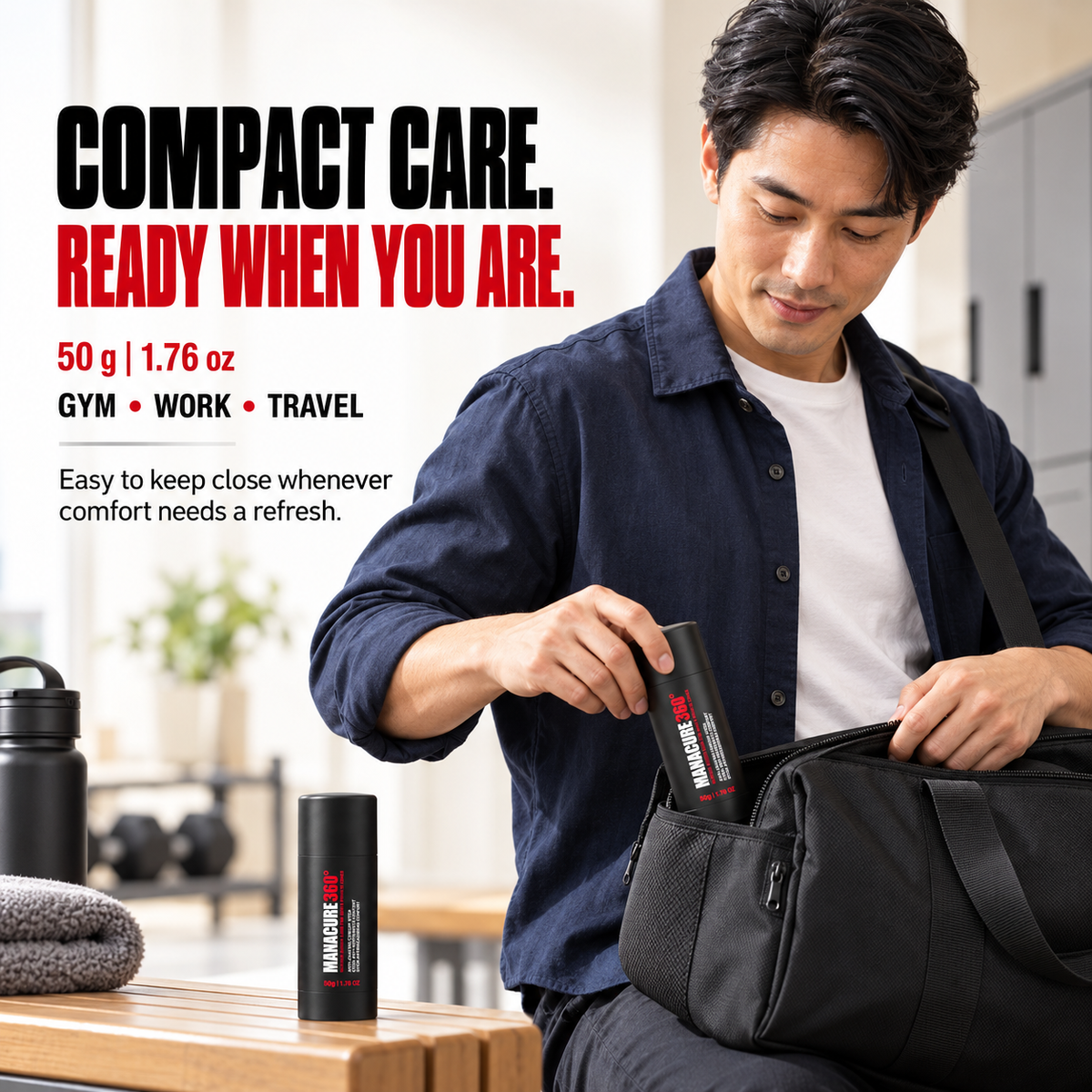 Man placing MANACURE360 Anti-Chafing Comfort Stick into a black gym bag in a locker room, with another container on a wooden bench and gym, work and travel callouts.