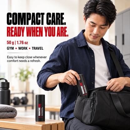 Man placing MANACURE360 Anti-Chafing Comfort Stick into a black gym bag in a locker room, with another container on a wooden bench and gym, work and travel callouts.