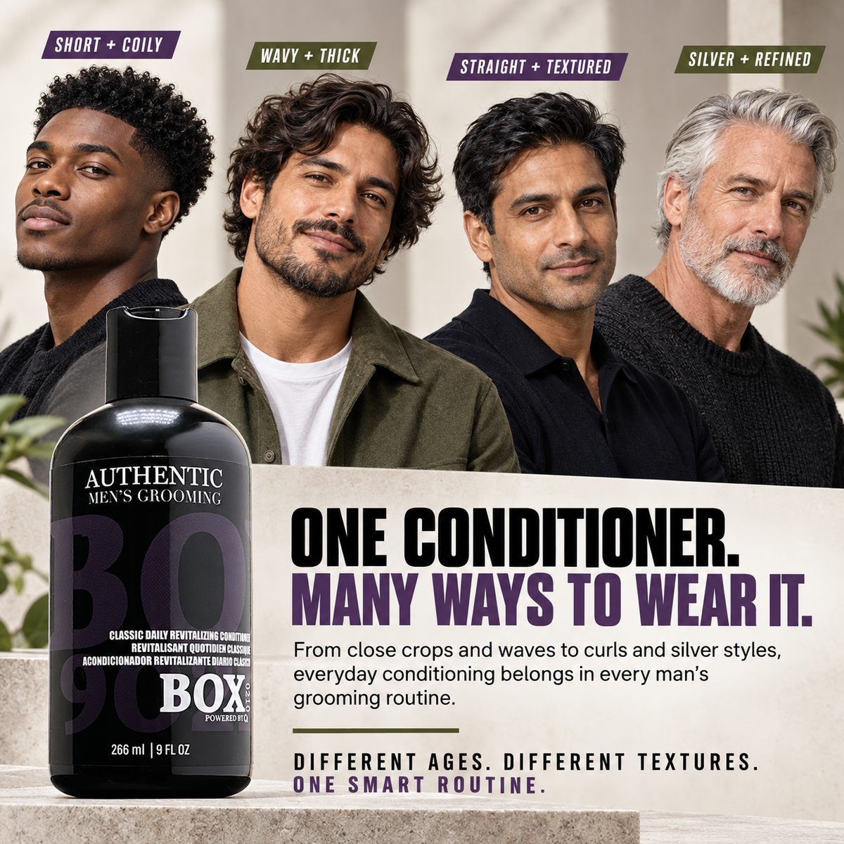 BOX90210 Classic Daily Revitalizing Conditioner bottle in front of four men with short coily, thick wavy, straight textured and silver hair.