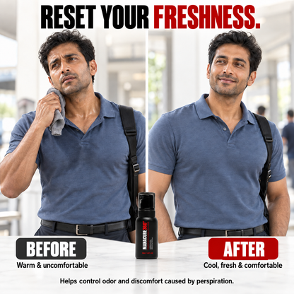 MANACURE360 Deodorizing Toning Spray bottle below before-and-after portraits of a man in a blue polo shirt, wiping his neck with a gray towel on the left and smiling on the right.