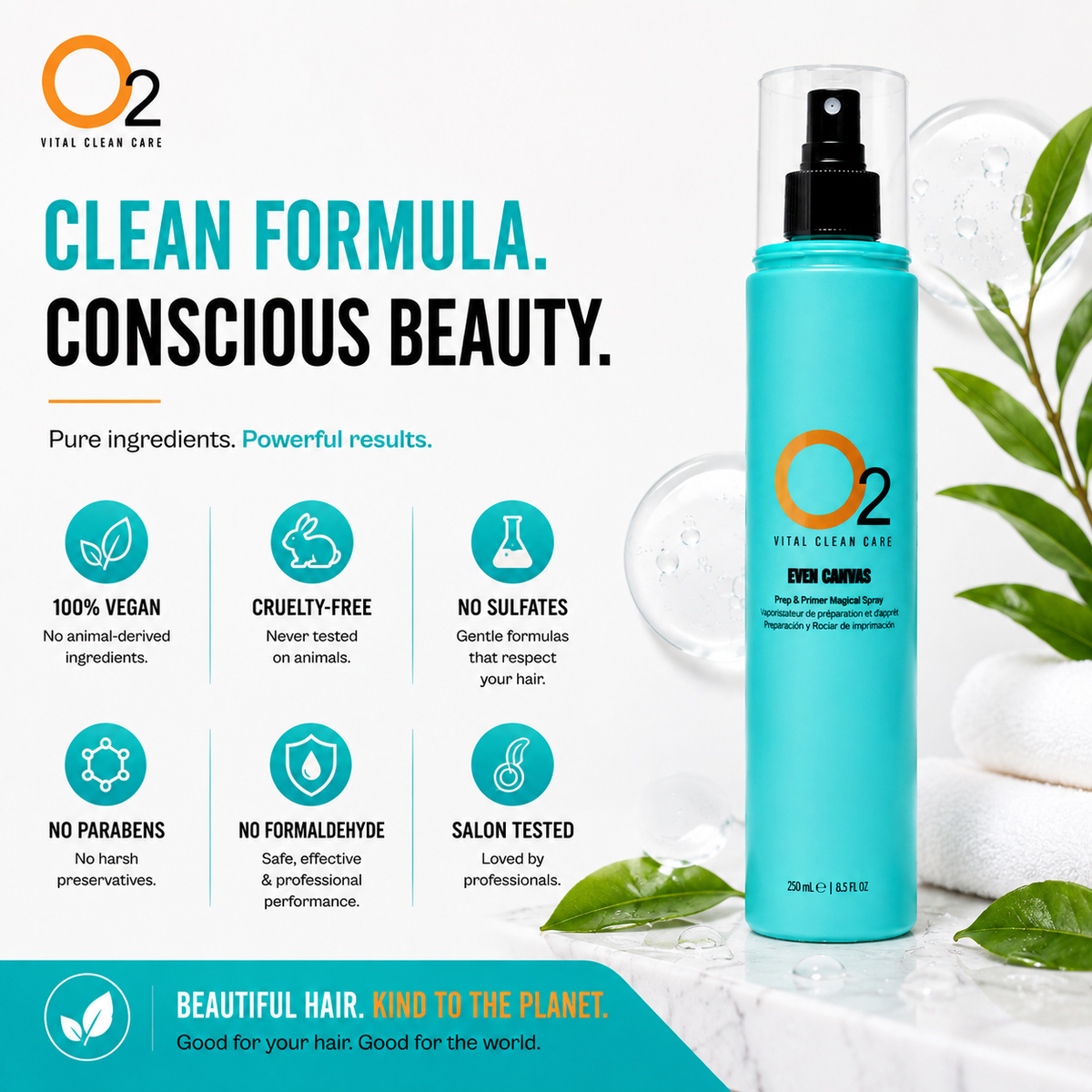 O2 EVEN CANVAS spray beside icons highlighting vegan, cruelty-free, sulfate-free, paraben-free, and formaldehyde-free claims.