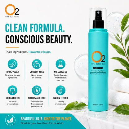 O2 EVEN CANVAS spray beside icons highlighting vegan, cruelty-free, sulfate-free, paraben-free, and formaldehyde-free claims.