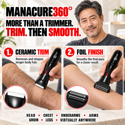 MANACURE360 graphic showing forearm hair trimmed with the ceramic blade, then shaved with the dual-foil head, with attachment close-ups.