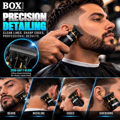 BOX90210 MIGHTY trimmer shaping a man's beard line, with a T-blade close-up and beard, neckline, edge and sideburn detailing panels.