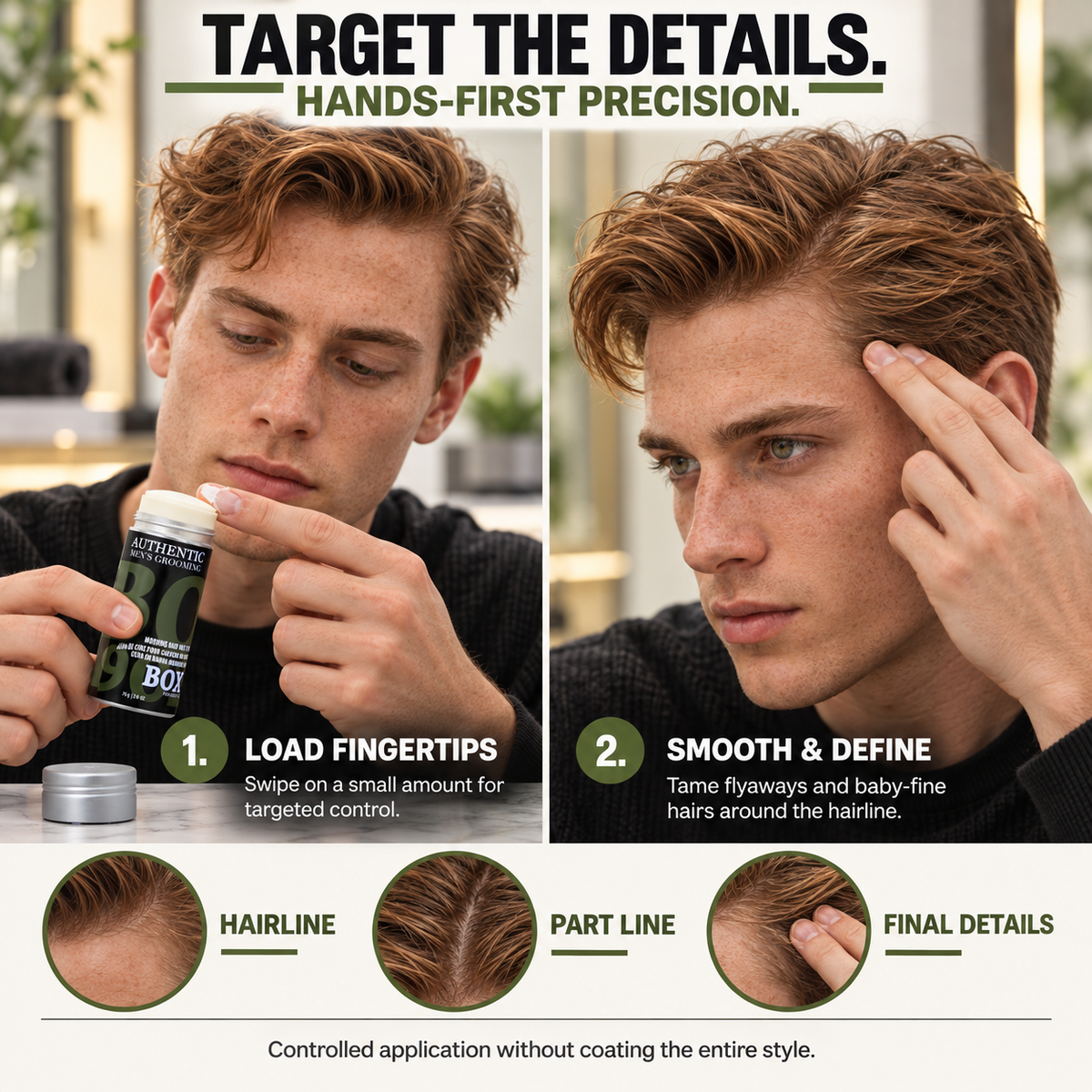 Red-haired man taking wax from BOX90210 Morning Hair Wax Stick onto his fingertips, then smoothing his hairline, with hairline, part-line and finishing-detail close-ups.