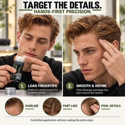 Red-haired man taking wax from BOX90210 Morning Hair Wax Stick onto his fingertips, then smoothing his hairline, with hairline, part-line and finishing-detail close-ups.