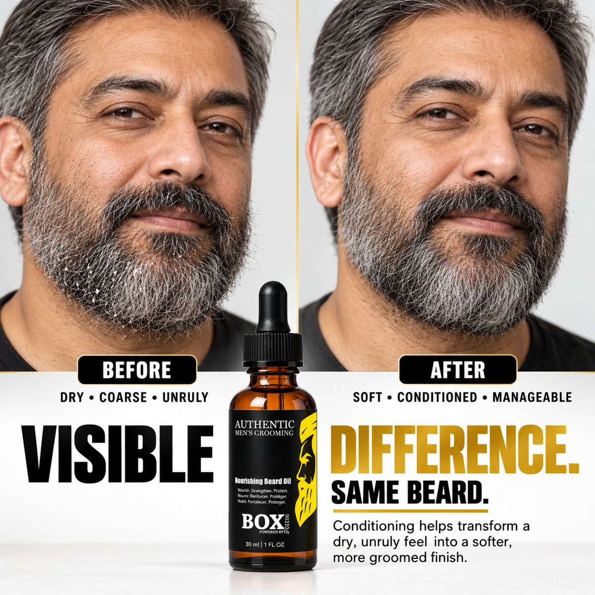 BOX90210 Nourishing Beard Oil bottle below before-and-after portraits of a man with a salt-and-pepper beard, showing more stray hairs on the left and a tidier-looking beard on the right.