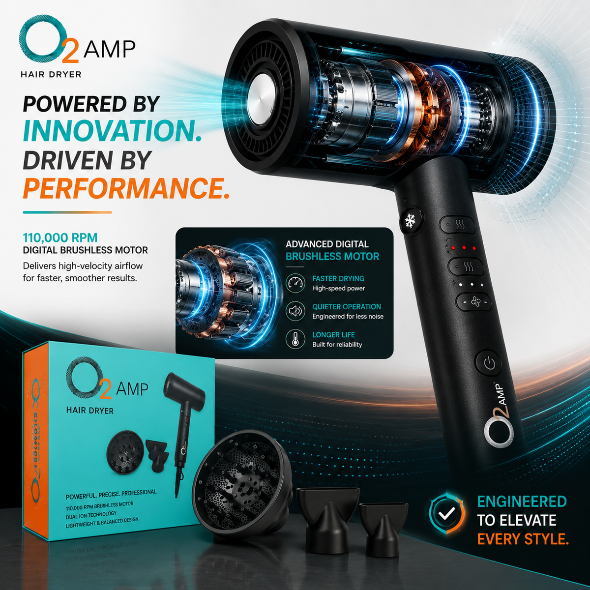 O2AMP hair dryer motor cutaway graphic labeled 110,000 RPM digital brushless motor, with turquoise box and attachments.
