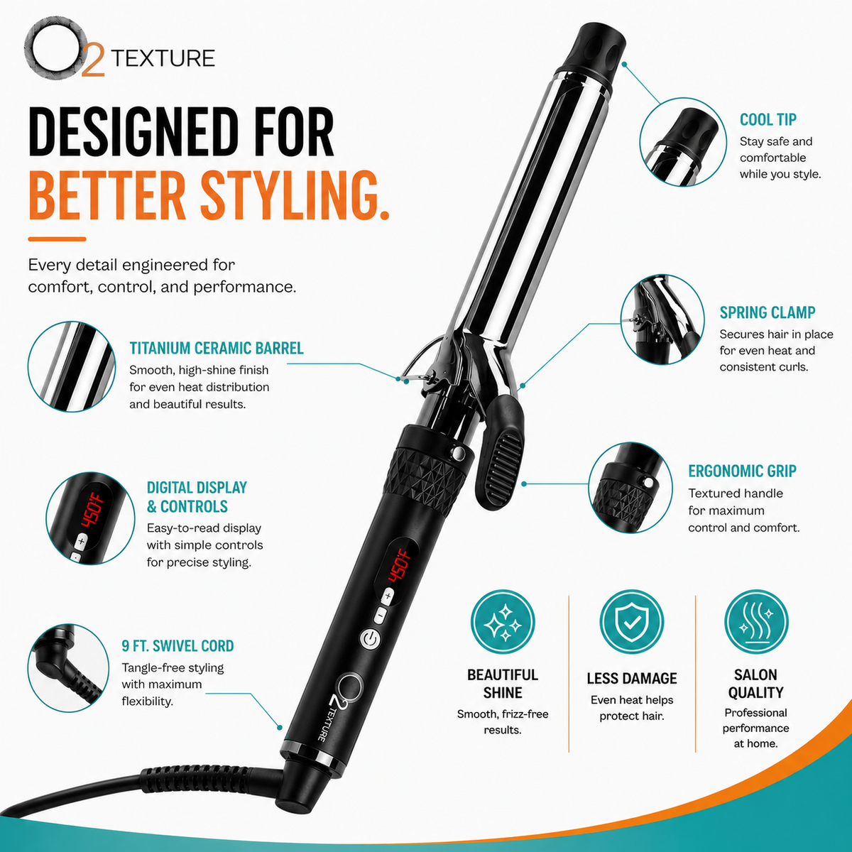 O2TEXTURE curling iron with close-ups of its cool tip, spring clamp, ergonomic grip, digital controls and swivel cord.