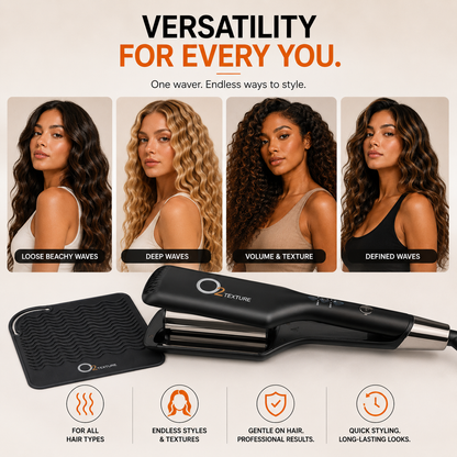 O2TEXTURE Double Waver beside a black styling mat, with four hairstyle examples showing loose waves, deep waves and texture.