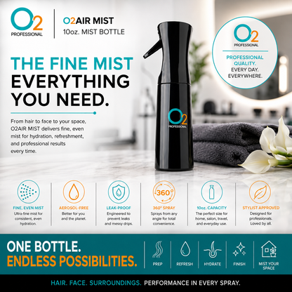 Black O2AIR mist bottle standing on a light countertop beside folded dark towels and white flowers, with feature icons below.