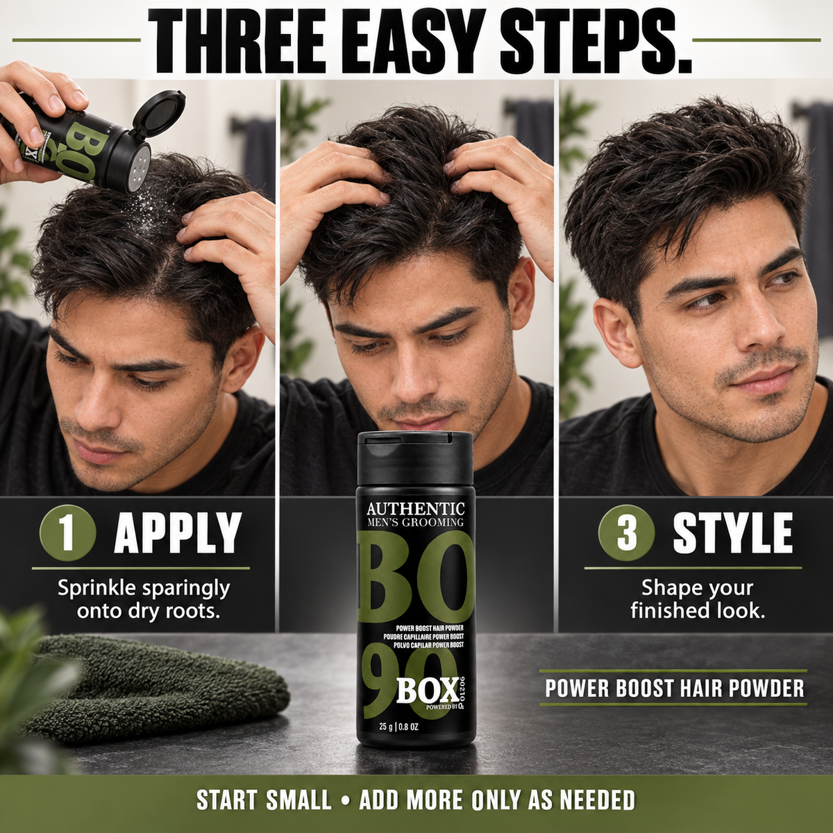 BOX90210 Power Boost Hair Powder bottle in front of three panels showing a man sprinkling powder onto his roots, working it through his hair and displaying the finished style.