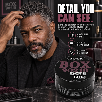 Man touching his short salt-and-pepper coily hair beside a BOX90210 Sharp Edge Matte Clay jar, with controlled-shape, visible-separation and refined-definition callouts.