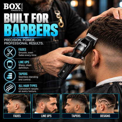 Barber using a BOX90210 STEALTH clipper above a client's ear in a barbershop, with fade, lineup, taper and hair-design examples.